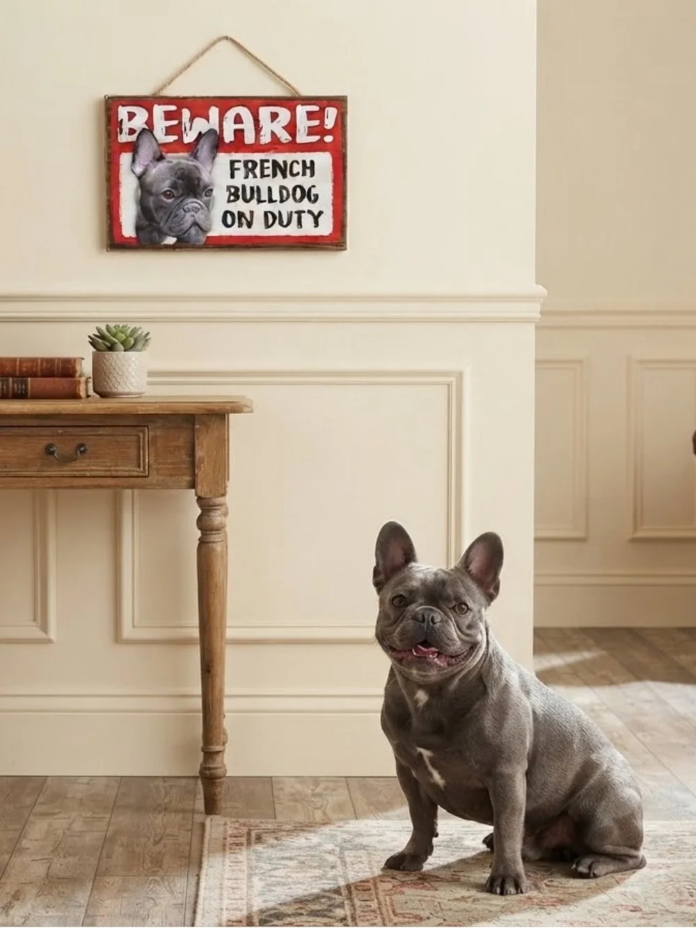 Beware! French Bulldog On Duty wooden wall hanging Sign - 8” wide